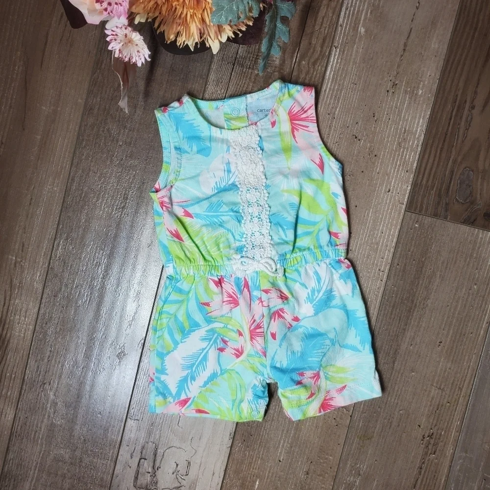 Carter's Blue Tropical Floral Romper Baby Girl Size 3 Months NWOT